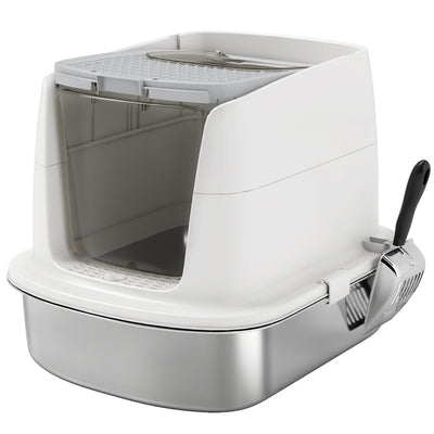PawHut Large Stainless Steel Litter Box, Enclosed Metal Cat Litter Tray with Scoop, Deodoriser Bag, Front-Entry and Top-Exit 