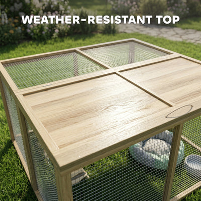 PawHut Wooden Folding Rabbit Hutch, for 2-3 Rabbits - Natural Wood 