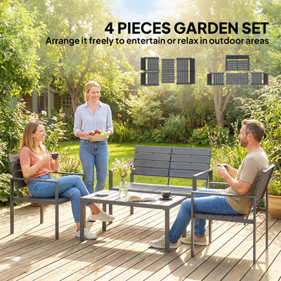 Outsunny 4 Piece Garden Furniture Set, Outdoor Sofa Set with HDPE Slatted Loveseat Armchairs Coffee Table Metal Frame, Dark Grey 