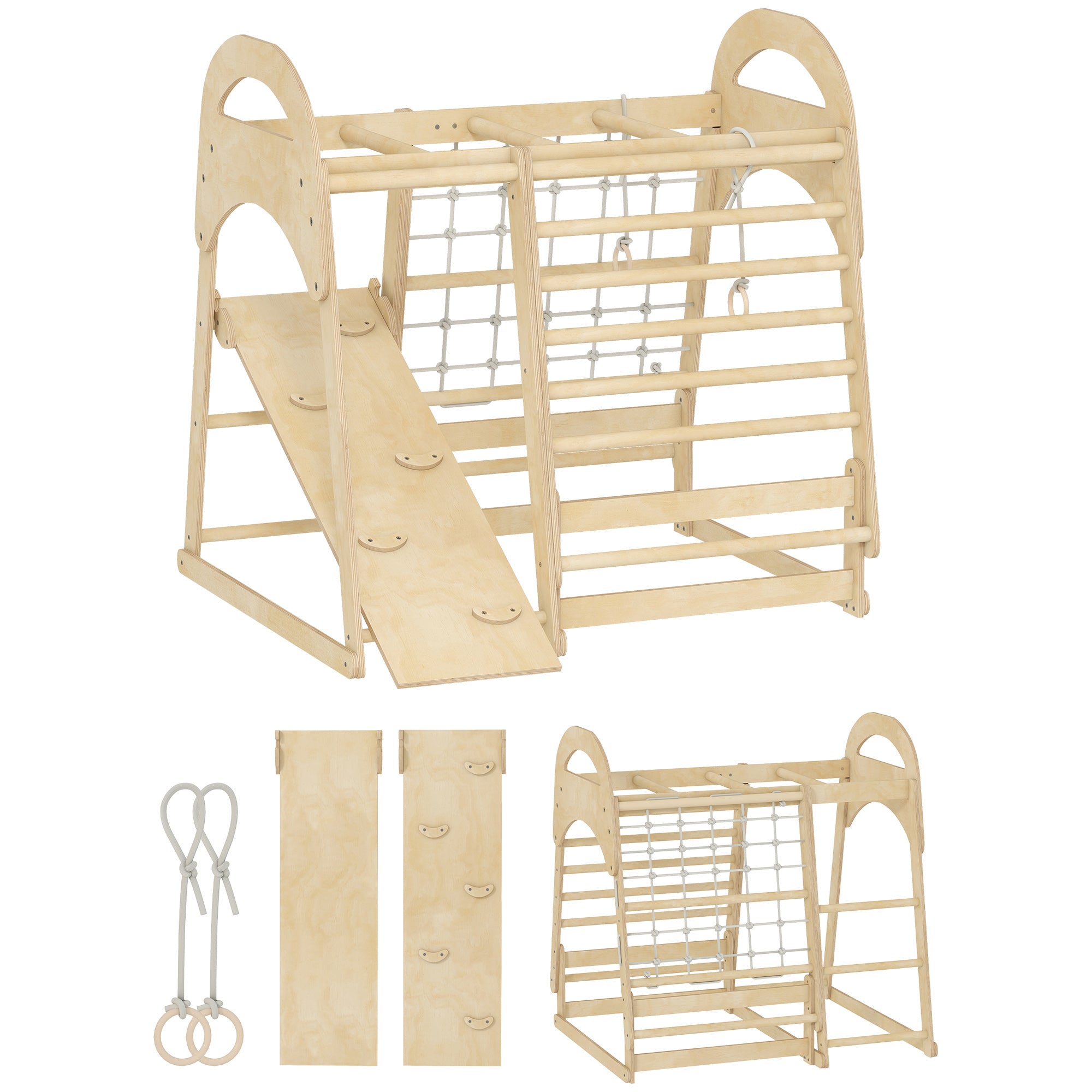 AIYAPLAY 6 in 1 Kids Climbing Frame with Slide, Monkey Bars, Gymnastics Rings, Ladder, Climbing Net, for 3-6 Years, Natural Tone 
