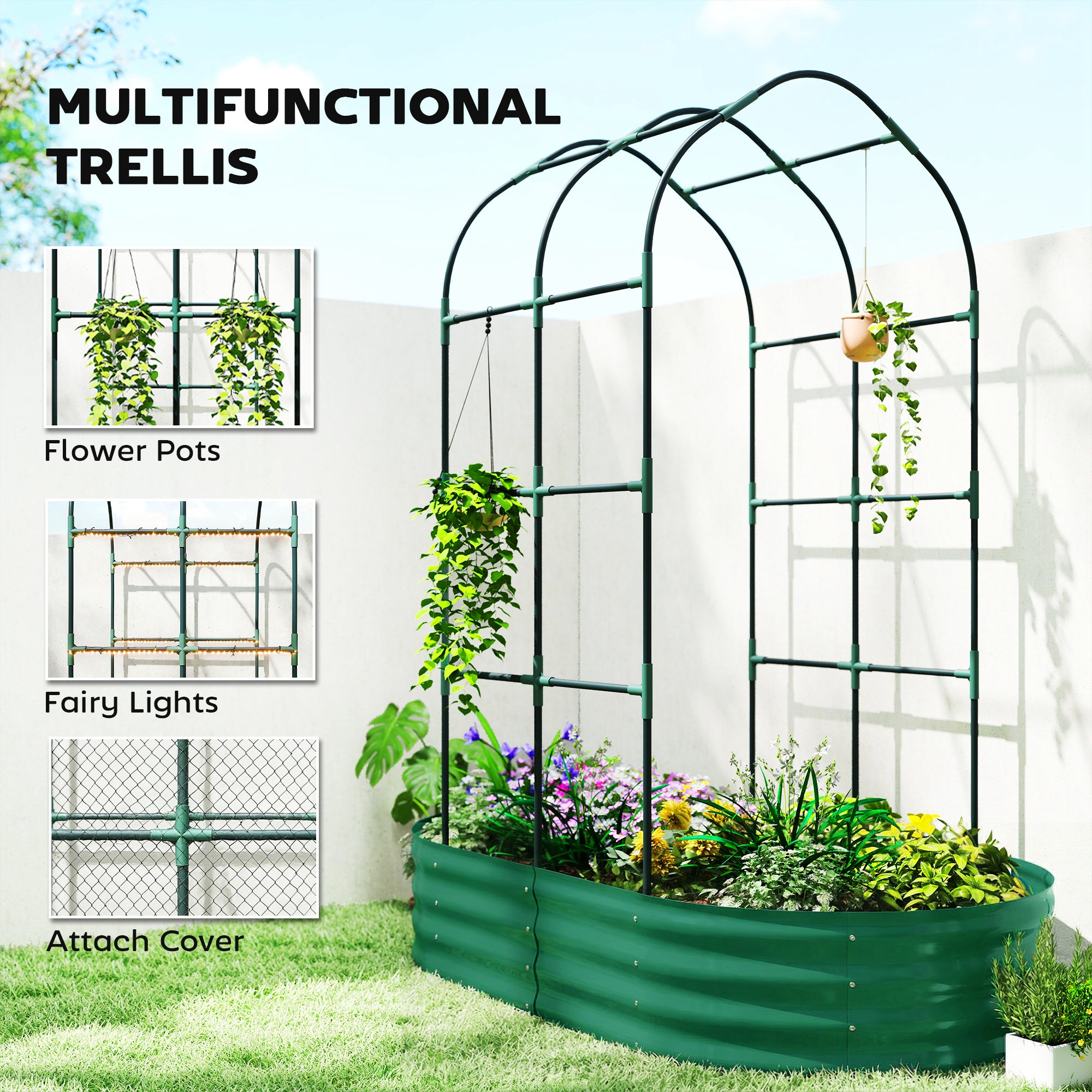 Outsunny Galvanised Raised Garden Bed with Arched Trellis, 5 x 3 x 6ft Metal Raised Bed for Garden with Open Bottom, Green 