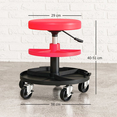 HOMCOM Rolling Mechanic Stool, 135kg Capacity Workshop Stool, 360° Swivel Roller Padded Creeper Seat with Wheels, Tool Trays Storage for Garage, Shop, Auto Repair, Red 