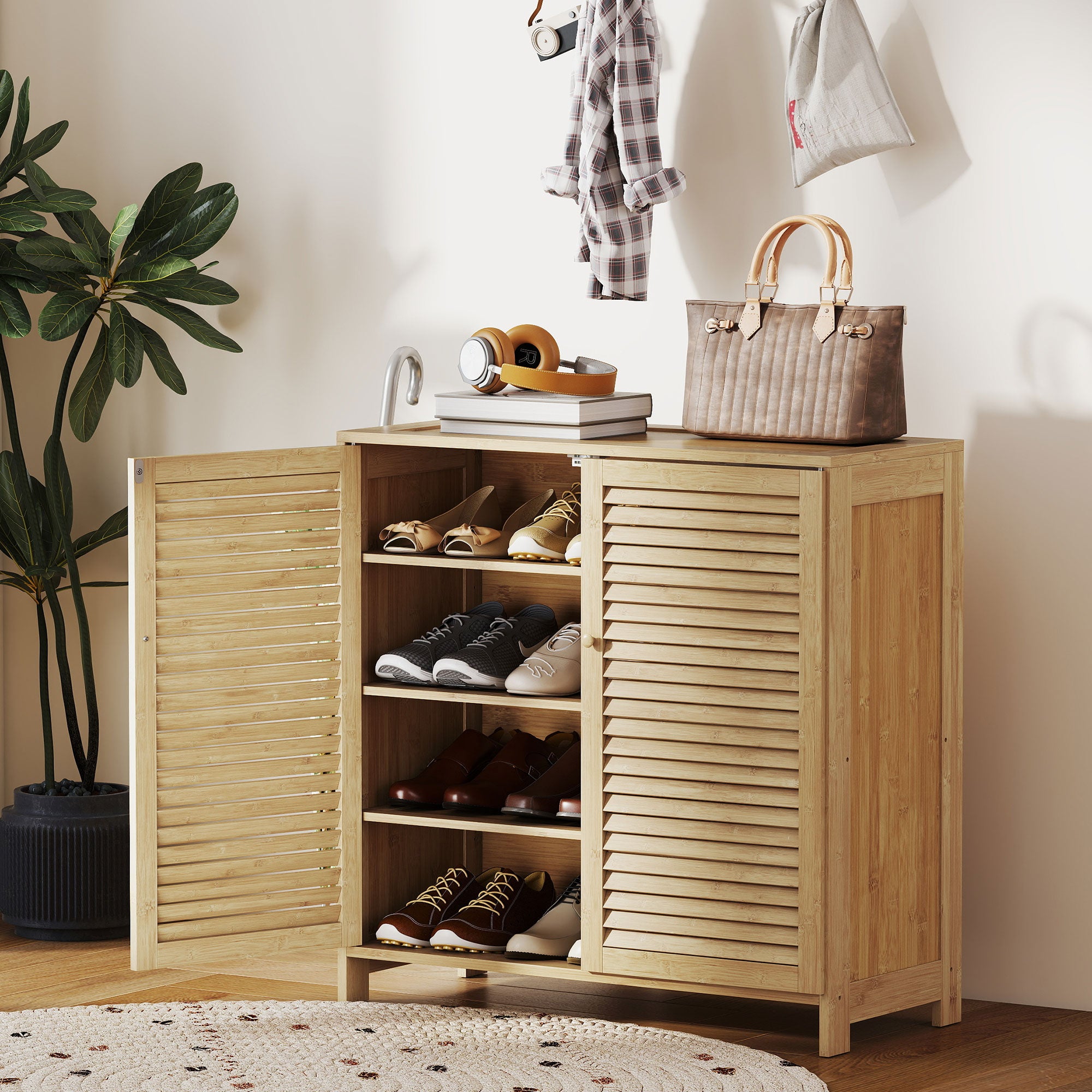 HOMCOM Bamboo Shoe Cabinet with Louvered Doors, 14 Pairs Shoe Storage Cabinet with Adjustable Shelves for Hallway, Natural 