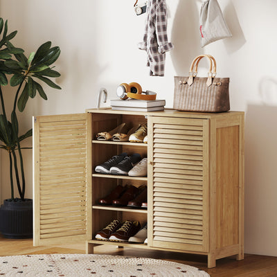 HOMCOM Bamboo Shoe Cabinet with Louvered Doors, 14 Pairs Shoe Storage Cabinet with Adjustable Shelves for Hallway, Natural 