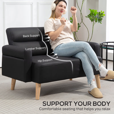 HOMCOM Small Faux Leather 2 Seater Sofa Settee - Black 