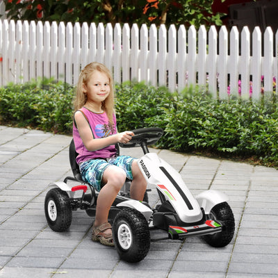 HOMCOM Children Pedal Go Kart, Kids Ride On Racer with Adjustable Seat, Inflatable Rubber Tyres, Handbrake, for Ages 5-12 Years - White 