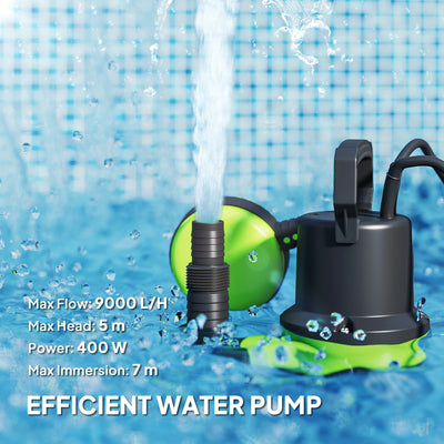 Outsunny 400W Submersible Water Pump for Dirty/Clean Water, 9000L/H Electric Sump Pump with Float Switch, Drain Water from Garden Pond, Hot Tub, Ditches, Portable and Lightweight 
