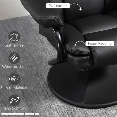 HOMCOM Swivel Recliner Chair with Footstool, PU Leather Recliner Armchair with Ottoman, Steel Base, Upholstered Reclining Chair for Living Room, Bedroom, Office, Black 