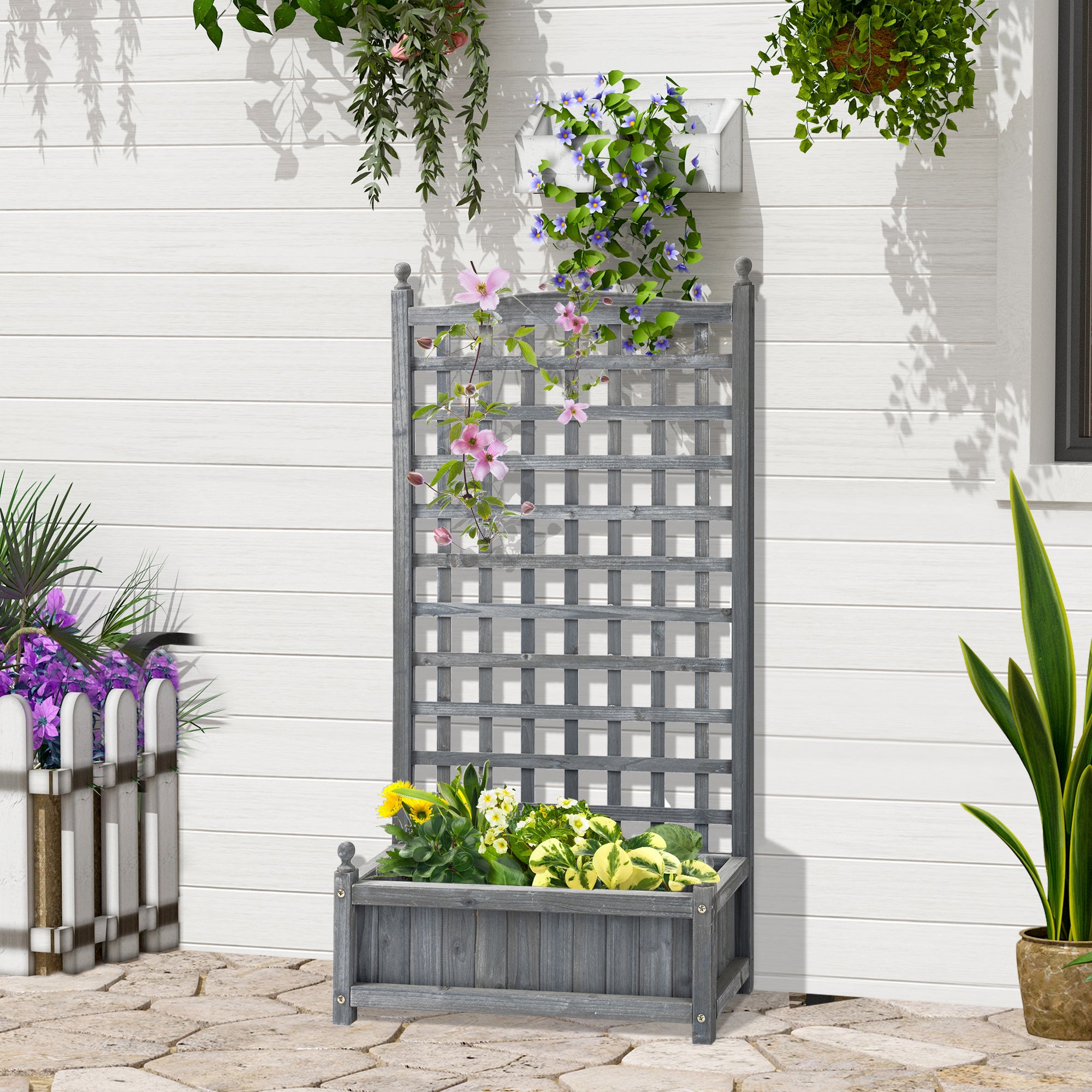 Outsunny Garden Planters with Trellis for Climbing Vines, Wood Raised Beds for Garden, Flower Pot, Indoor Outdoor, Grey 