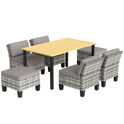 Outsunny 7-Piece Rattan Garden Dining Set, 6 Seater Wicker Garden Furniture Set with Seat and Back Cushions, Umbrella Hole, Patio Table and Chairs with Slatted Metal Top Table for Balcony, Grey 