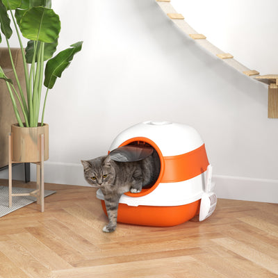 PawHut Foldable Cat Litter Tray with Lid, Deodorant, Scoop, Orange 