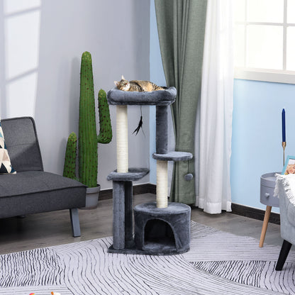 PawHut 100cm Cat Tree for Indoor Cats, Cat Tower Condo for Kittens with Cat House Sisal Scratching Posts, Hanging Ball Toys, Perches - Grey 