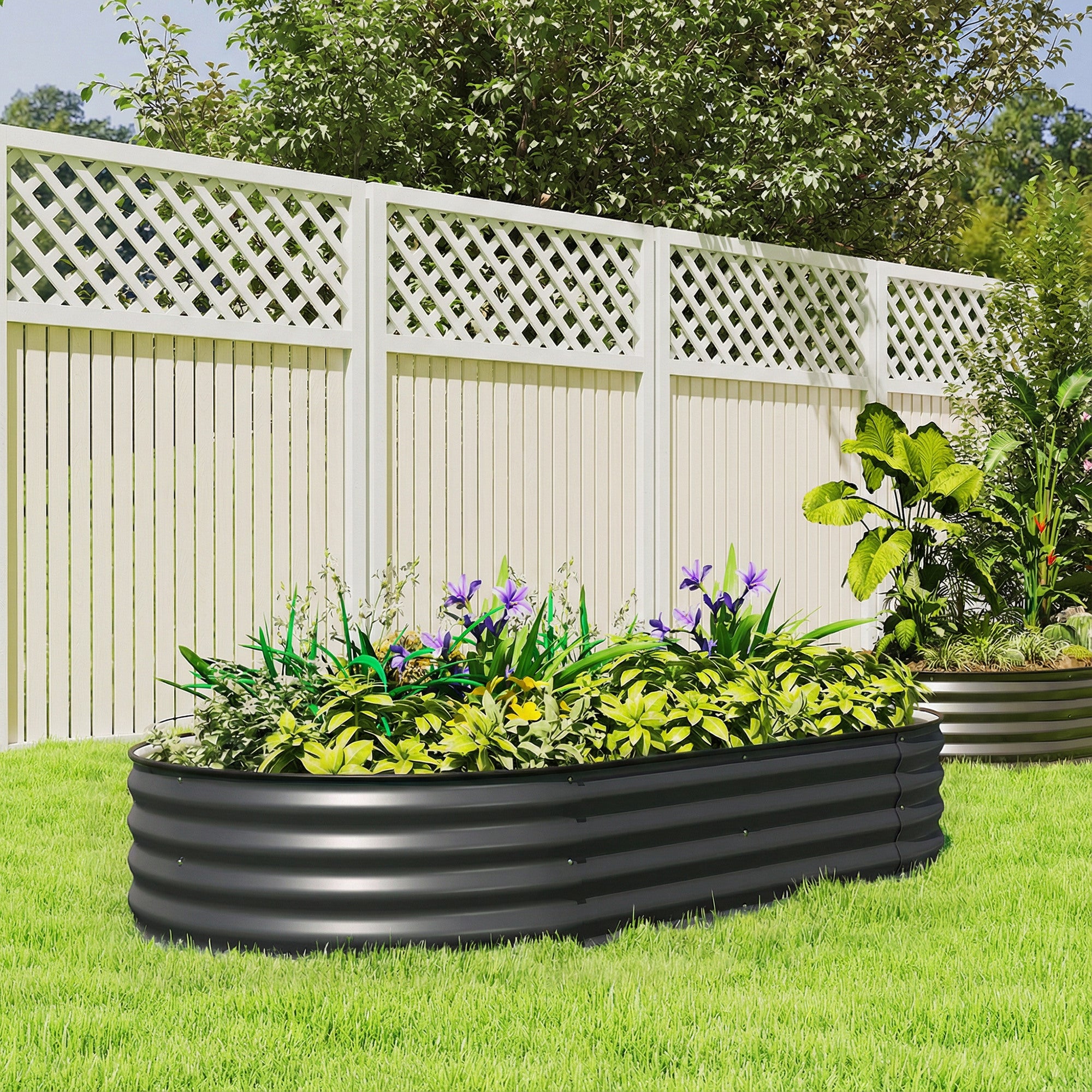 Outsunny Galvanised Raised Garden Bed, Metal Planter Box with Safety Edging, for Flowers, Herbs, Succulents, Dark Grey 