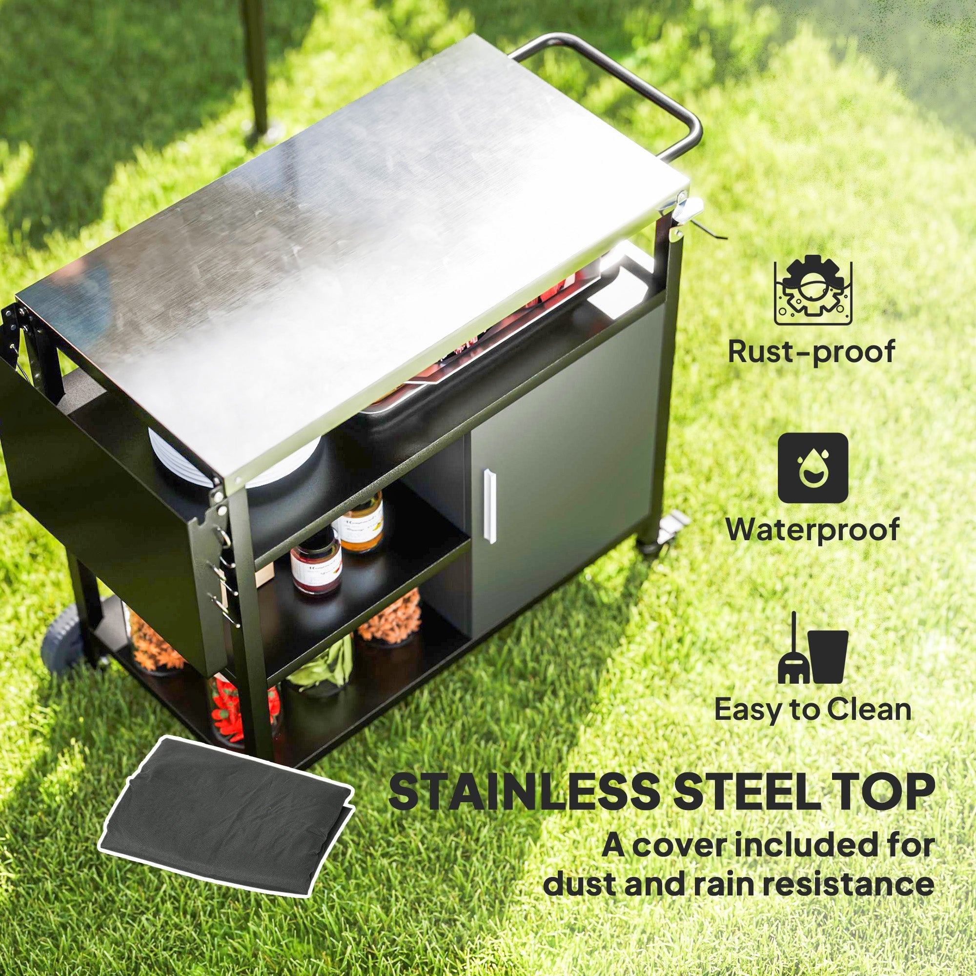 Outsunny Outdoor BBQ Trolley with Foldable Side Table, Stainless Steel Top, Outdoor Kitchen with Wheels Hooks Shelves Cabinet, Pizza Oven Table Movable Outdoor Grill Dining Cart with Cover, Black 