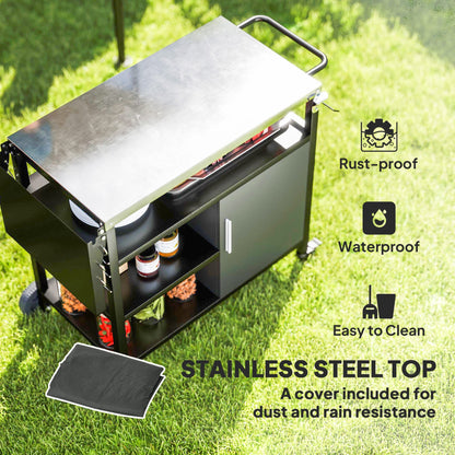 Outsunny Outdoor BBQ Trolley with Foldable Side Table, Stainless Steel Top, Outdoor Kitchen with Wheels Hooks Shelves Cabinet, Pizza Oven Table Movable Outdoor Grill Dining Cart with Cover, Black 