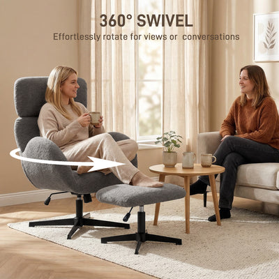 HOMCOM Swivel Armchair and Footstool Set, Height Adjustable Accent Chair with Adjustable Headrest, Rocking Function, Grey 
