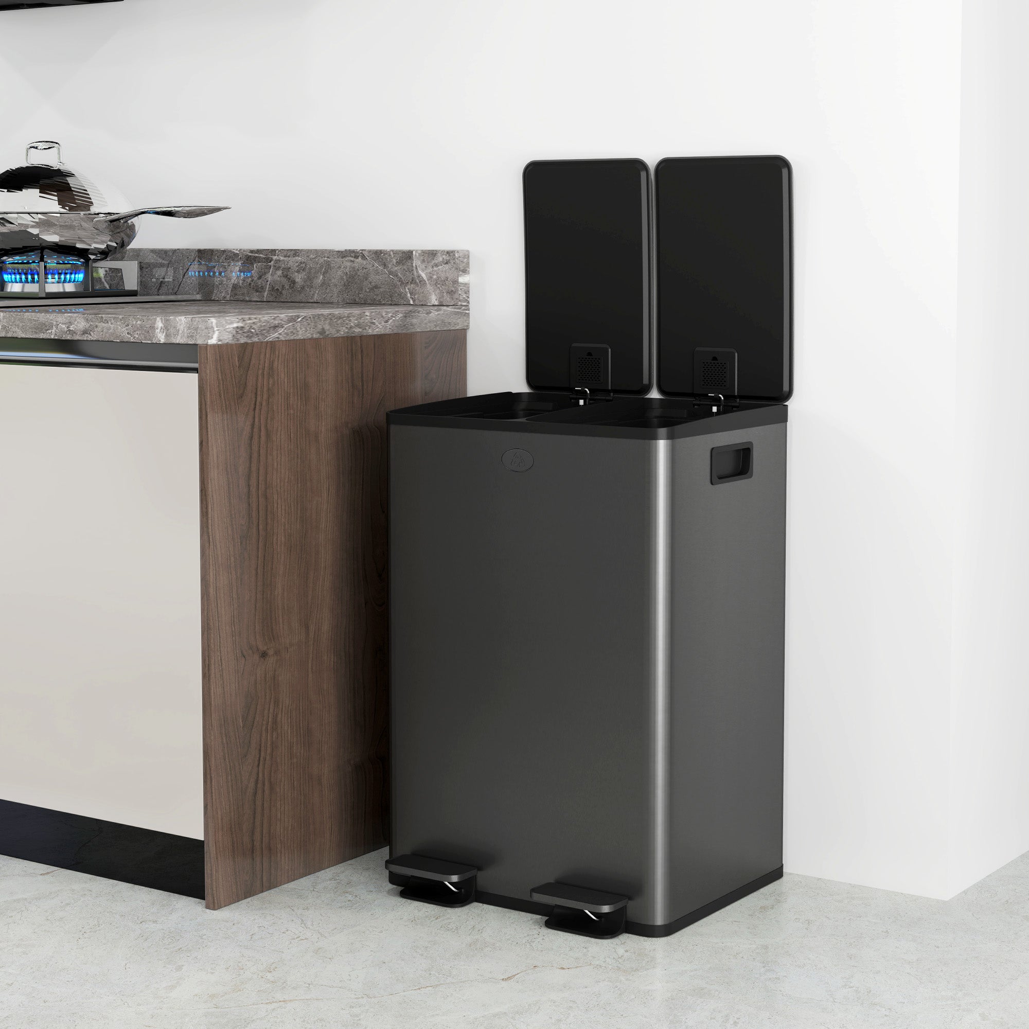 HOMCOM 56L Dual Compartment Stainless Steel Bin, with Deodoriser Holders - Black 