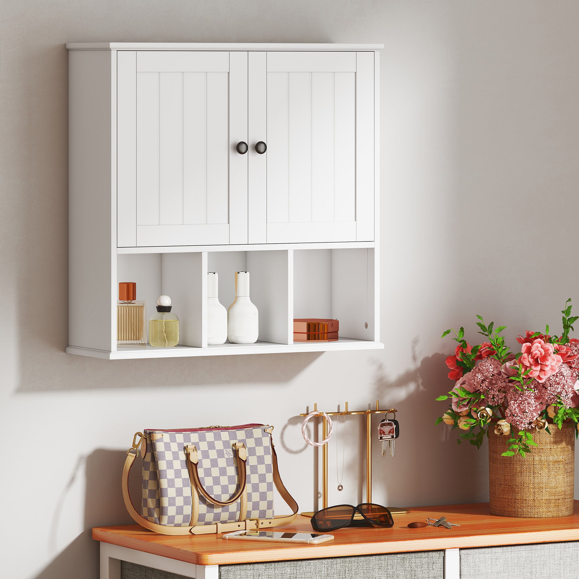 HOMCOM Farmhouse Bathroom Wall Cabinet, Wall Mounted Medicine Cabinet with Adjustable Shelf, Open Compartments, White 