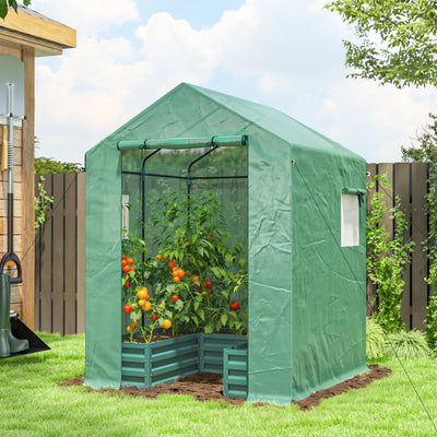 Outsunny Small Greenhouse with Raised Garden Bed, Galvanised Walk-in Greenhouse with Roll Up Windows, 141 x 141 x 190 cm, Green 
