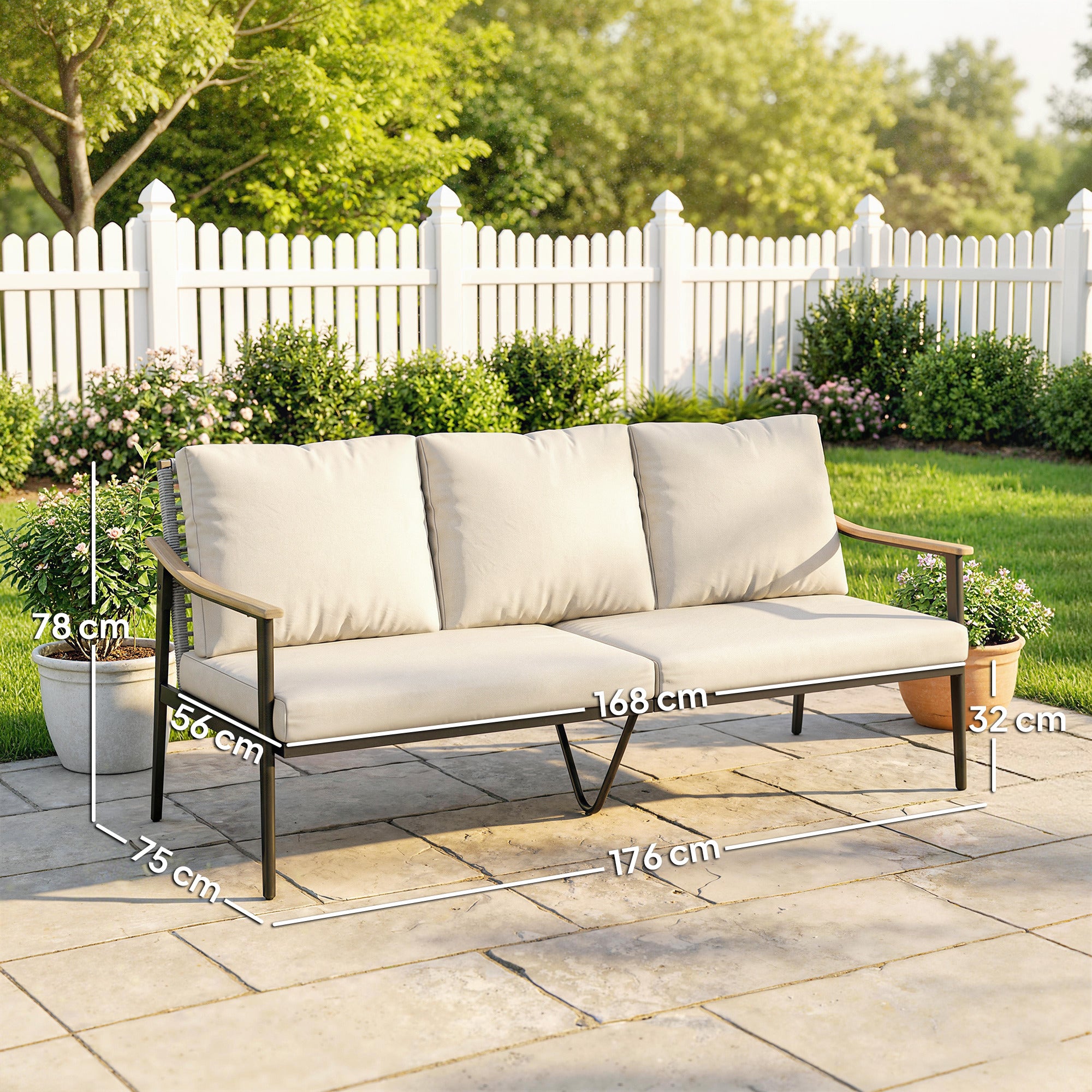 Outsunny 3 Seater Rattan Sofa, Outdoor Garden Sofa with Wood-Effect Armrests, Cushions for Patio, Balcony, Khaki 