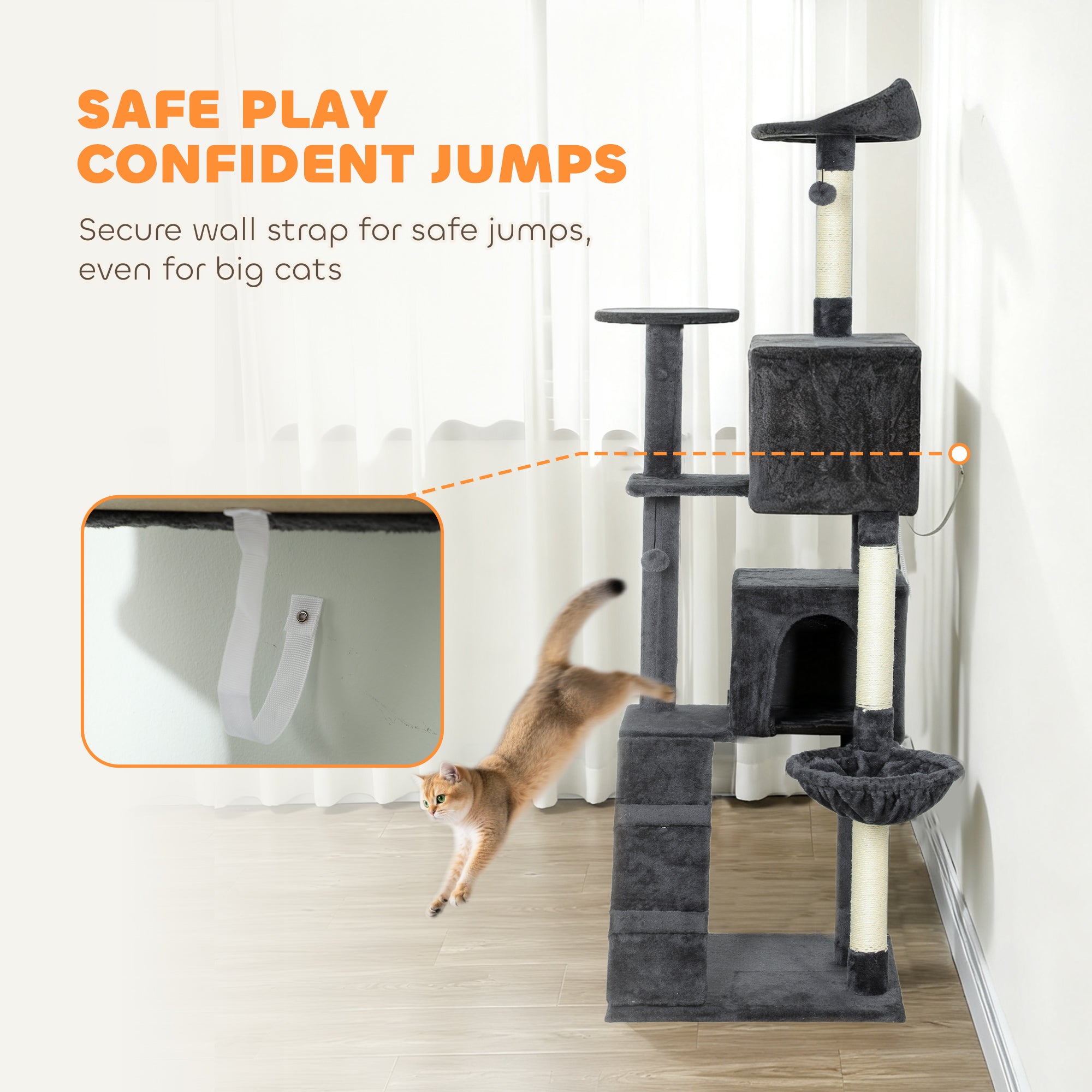 PawHut 180cm Large Cat Tree Tower with Sisal Scratching Posts, Condos, Plush Perches, Hammock, Ladder, Dark Grey 