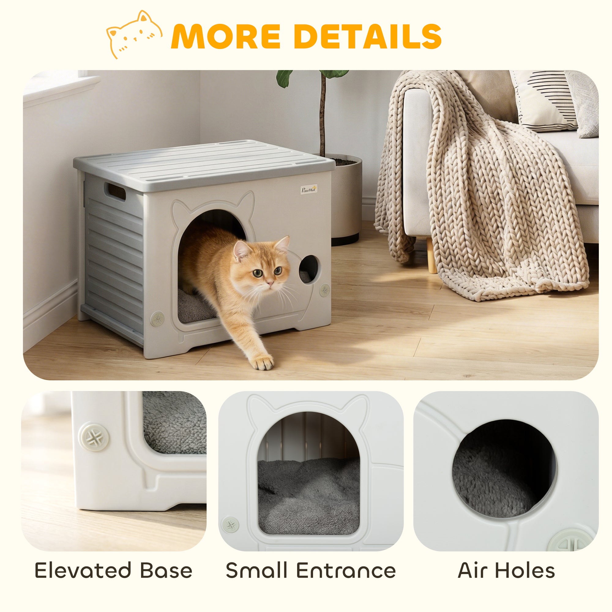 PawHut Cat House Stackable Pet Shelter with Removable Cushion for Indoor Outdoor Use Grey 