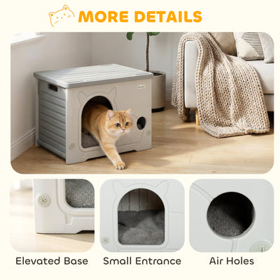 PawHut Cat House Stackable Pet Shelter with Removable Cushion for Indoor Outdoor Use Grey 