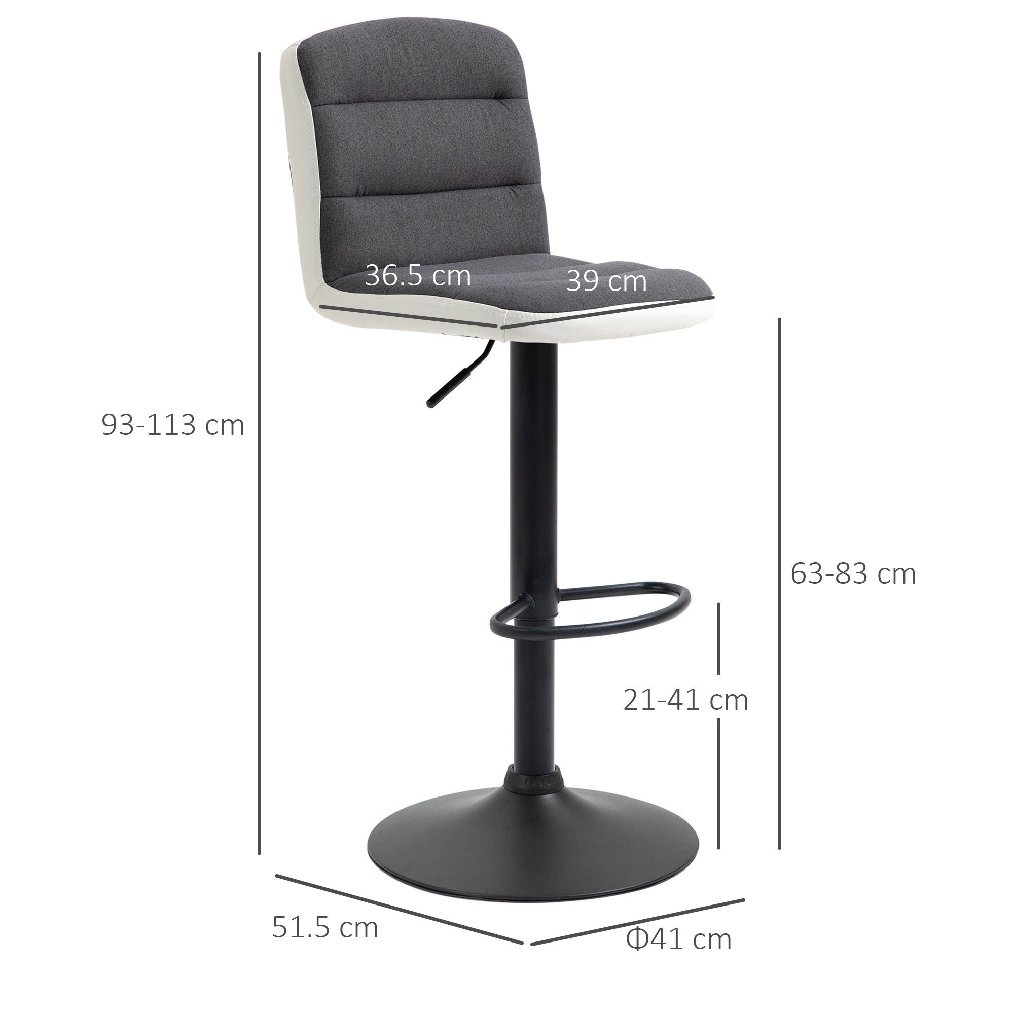 HOMCOM Bar Stools Set of 2, Height Adjustable Bar Chairs in Fabric and Faux Leather, 360° Swivel Kitchen Stool with Backrest and Footrest, Dark Grey 