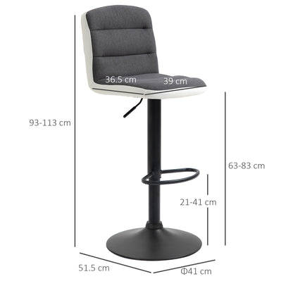 HOMCOM Bar Stools Set of 2, Height Adjustable Bar Chairs in Fabric and Faux Leather, 360° Swivel Kitchen Stool with Backrest and Footrest, Dark Grey 