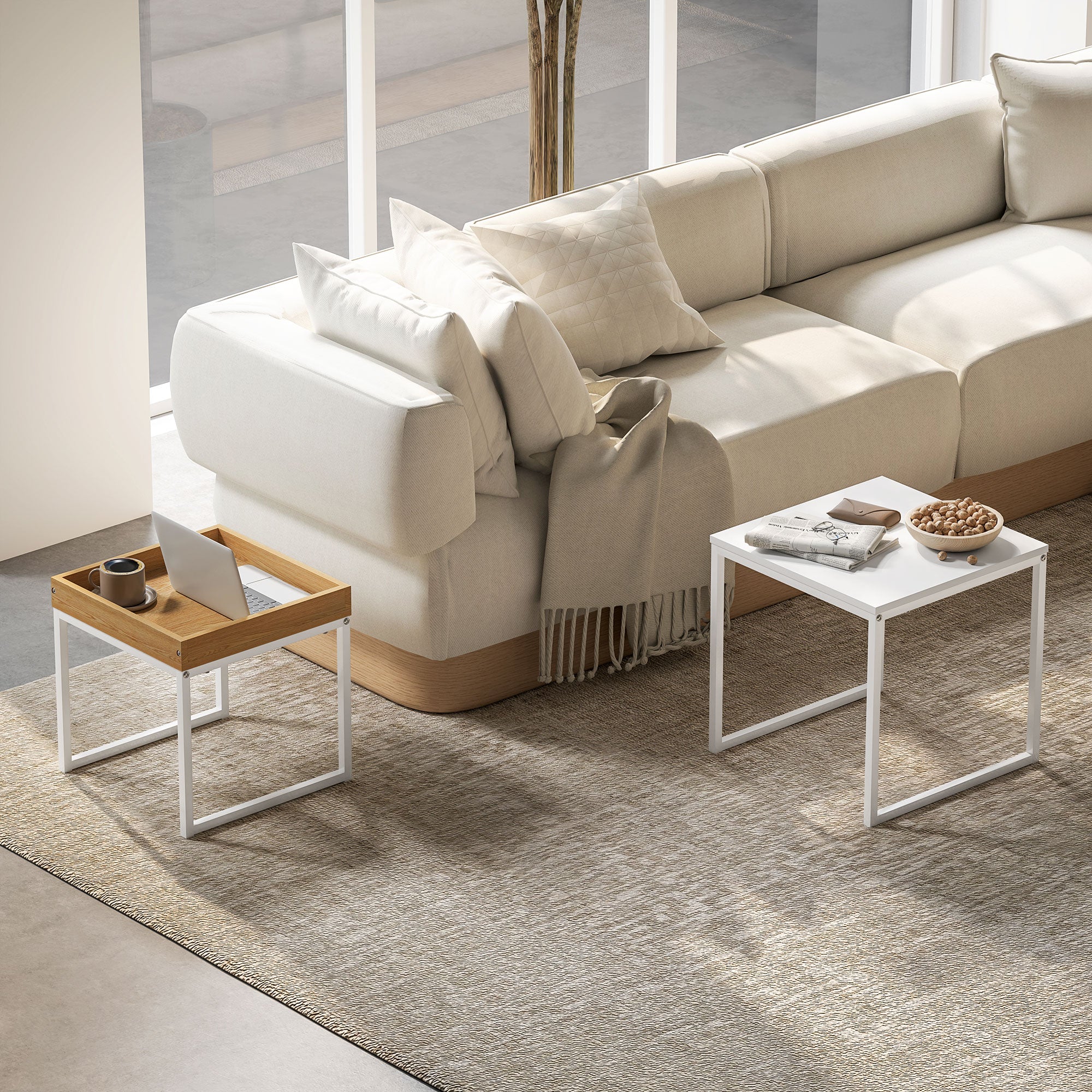 HOMCOM Set of Two Boxy Nesting Tables - White/Wood-Effect 