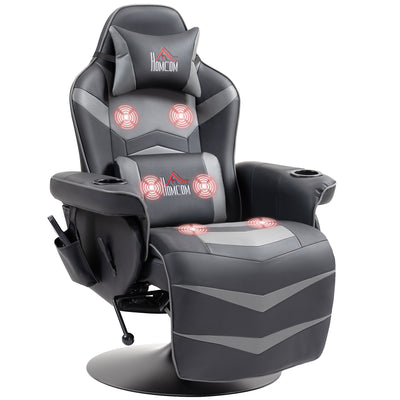 HOMCOM Massage Recliner Chair with Remote, PU Leather Recliner Armchair with Cup Holders and Side Pockets, Racing Style Reclining Chair with Headrest, 360° Swivel, Lumbar Support, Grey 