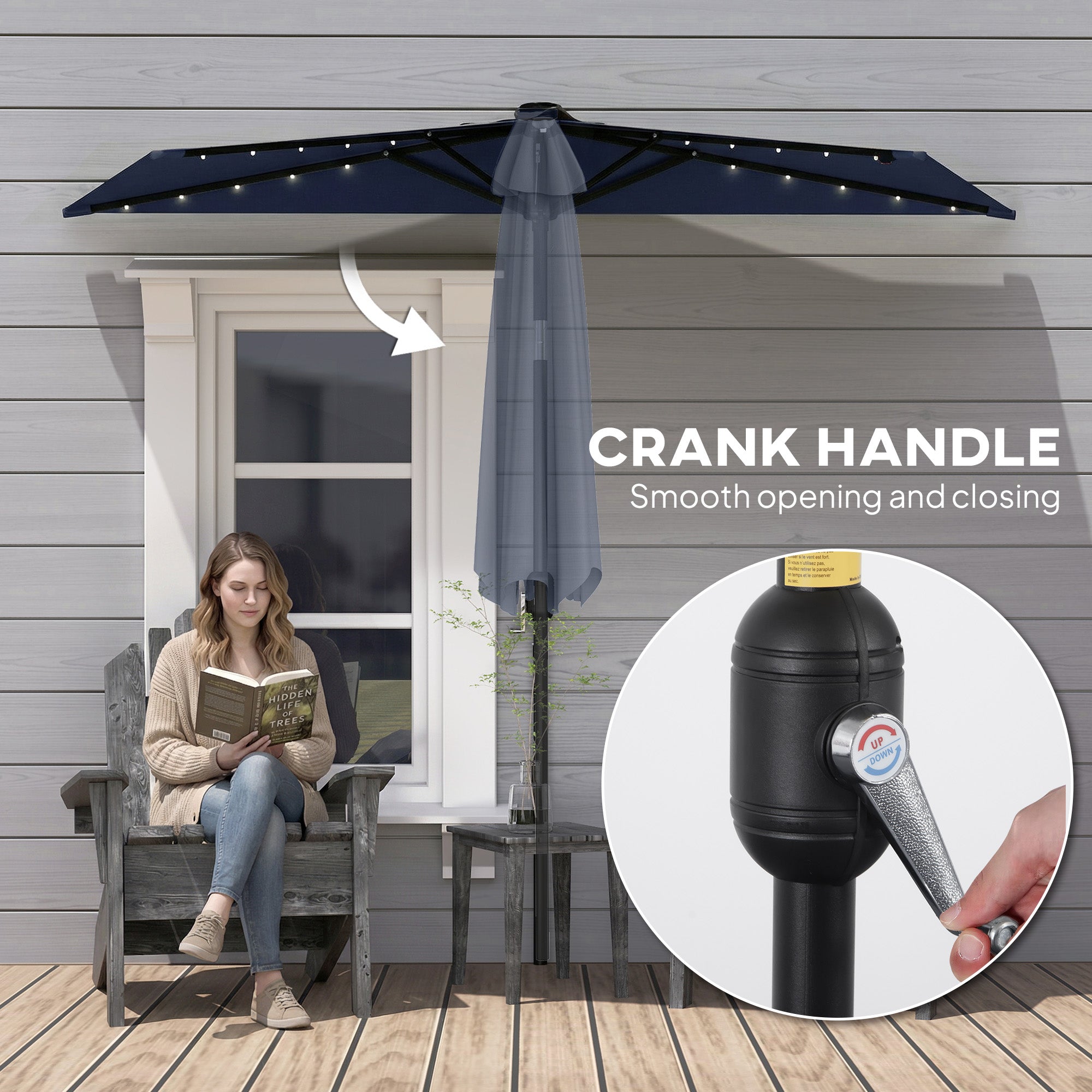 Outsunny 2.6 m Half Garden Parasol with Solar LED Lights, UPF50+ Semi Round Umbrella with 30° Tilt, Crank Handle, Dark Blue 