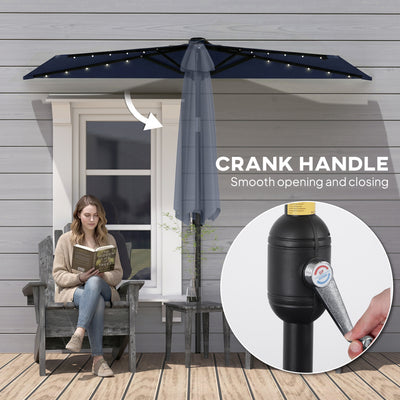 Outsunny 2.6 m Half Garden Parasol with Solar LED Lights, UPF50+ Semi Round Umbrella with 30° Tilt, Crank Handle, Dark Blue 