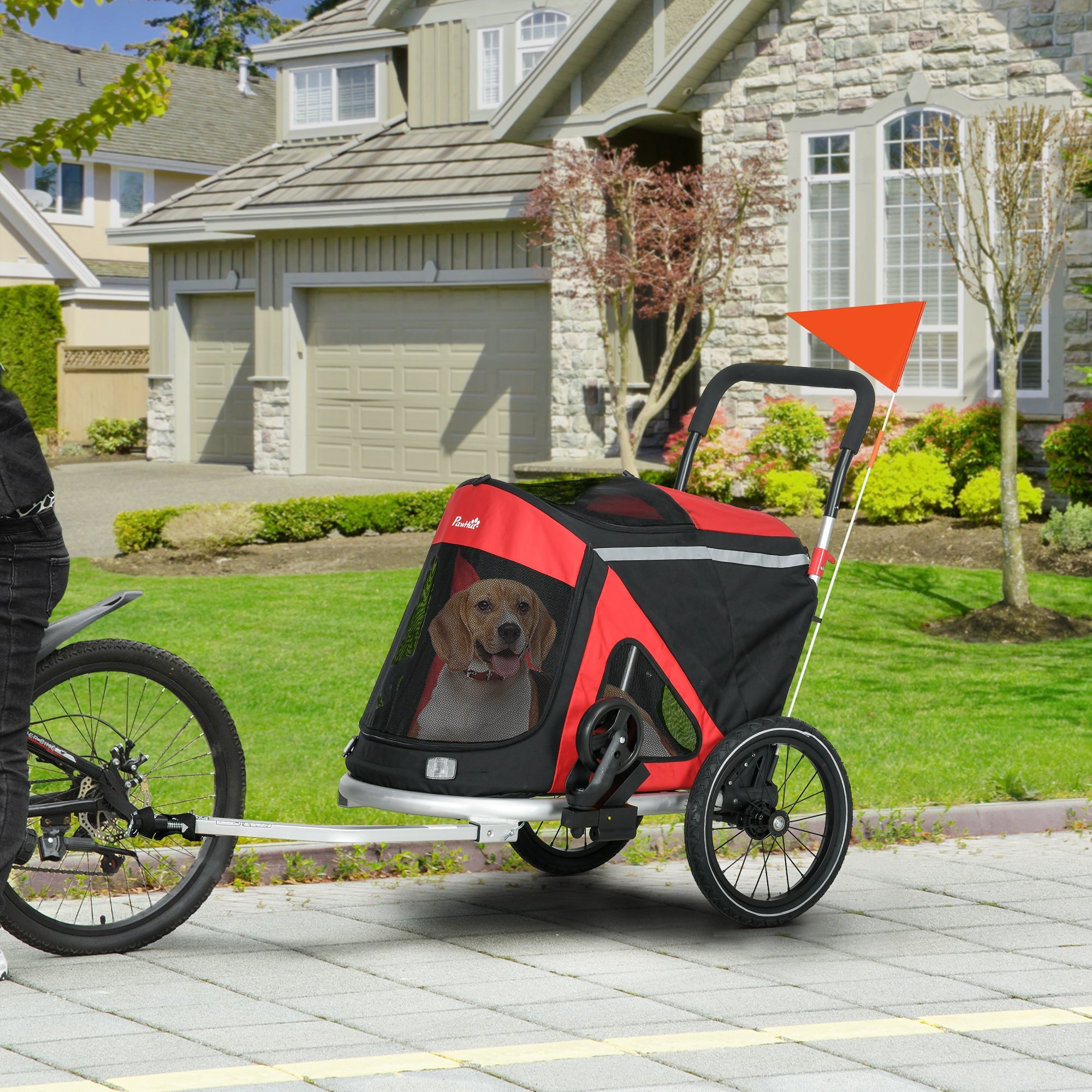 PawHut 2 in 1 Aluminium Foldable Dog Bike Trailer, Pet Stroller, for Medium Dogs - Red 