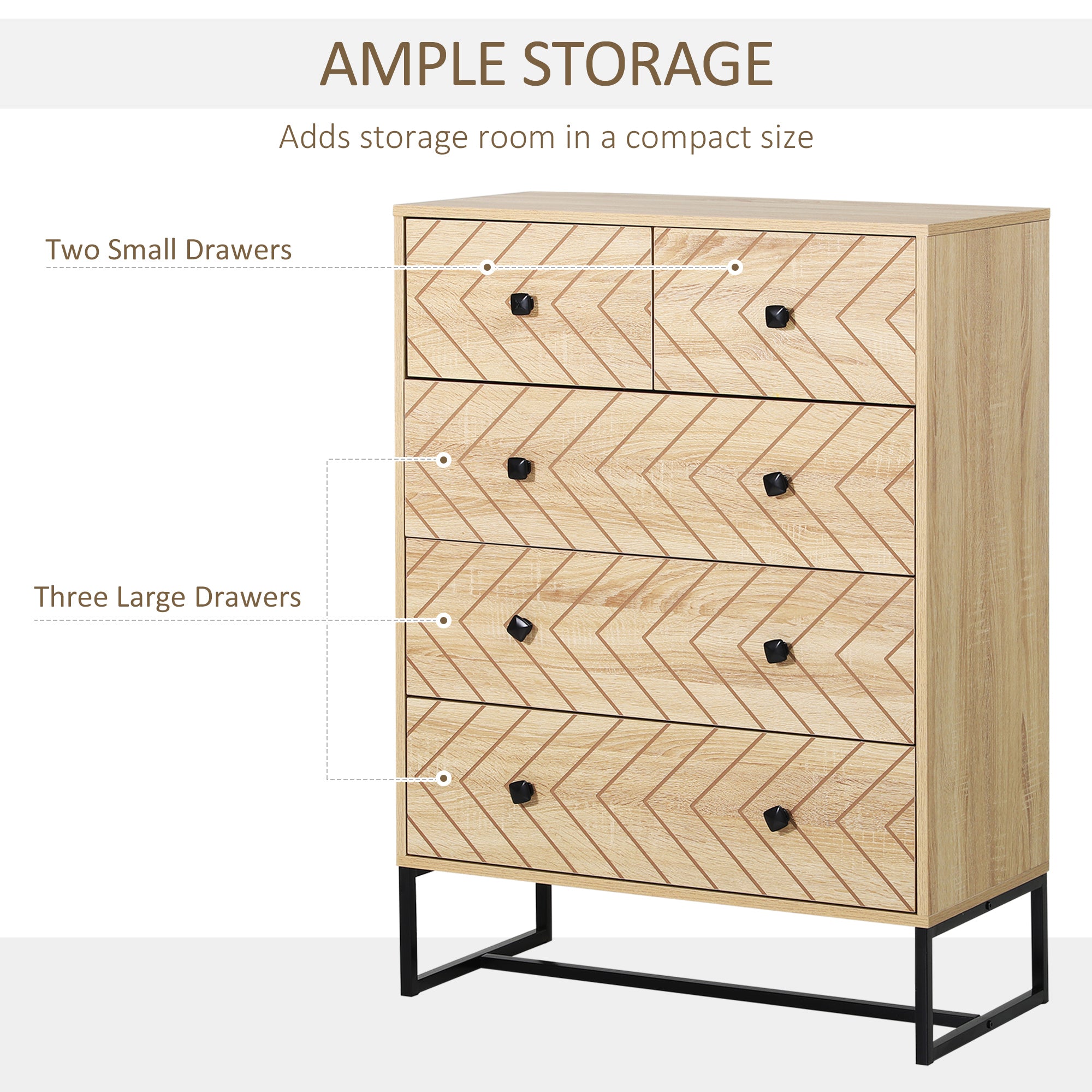 HOMCOM 5 Drawer Chest Sideboard Cabinet Storage Unit Bedroom Home Unique Zigzag Design w/ Black Metal Handles Anti Tip & Top 