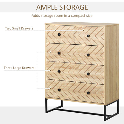 HOMCOM 5 Drawer Chest Sideboard Cabinet Storage Unit Bedroom Home Unique Zigzag Design w/ Black Metal Handles Anti Tip & Top 