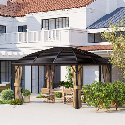 Outsunny 3 x 4m Hardtop Gazebo Canopy with Metal Roof, Aluminium Gazebo Permanent Pavilion with Netting and Curtains, Brown 