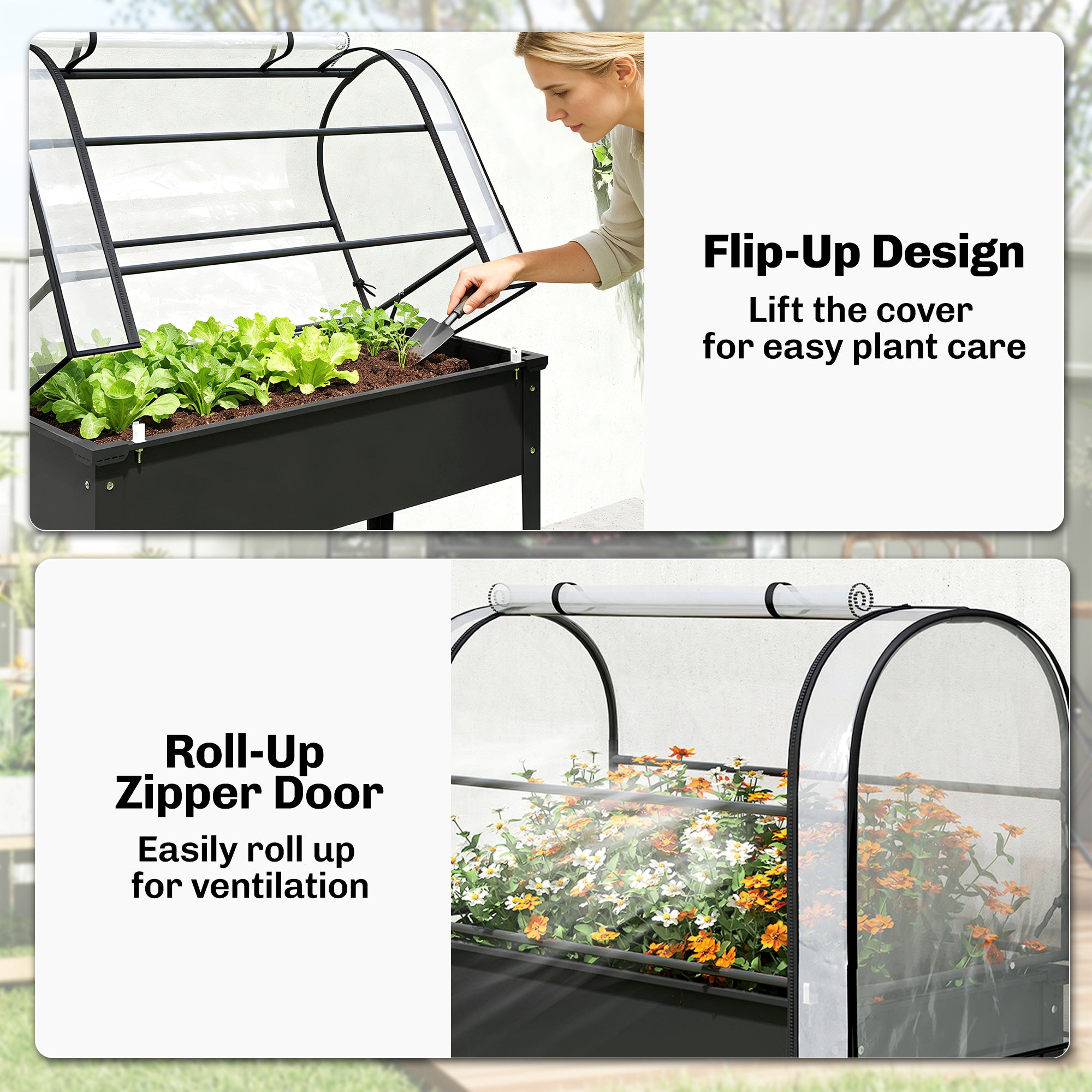 Outsunny Raised Planter with Flip-Up Greenhouse Cover, Metal Raised Garden Bed on Legs with Drainage Hole, Black 