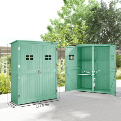 Outsunny Wooden Garden Shed with Two Windows, Tool Storage Cabinet, Outdoor Double Door organiser 127.5L x 50W x 164H cm, Green 