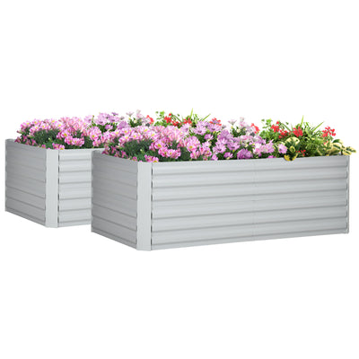 Outsunny Set of 2 Raised Beds for Garden, Galvanised Steel Outdoor Planters with Multi-reinforced Rods for Vegetables, Plants, Flowers and Herbs, 180 x 90 x 59 cm, Light Grey 