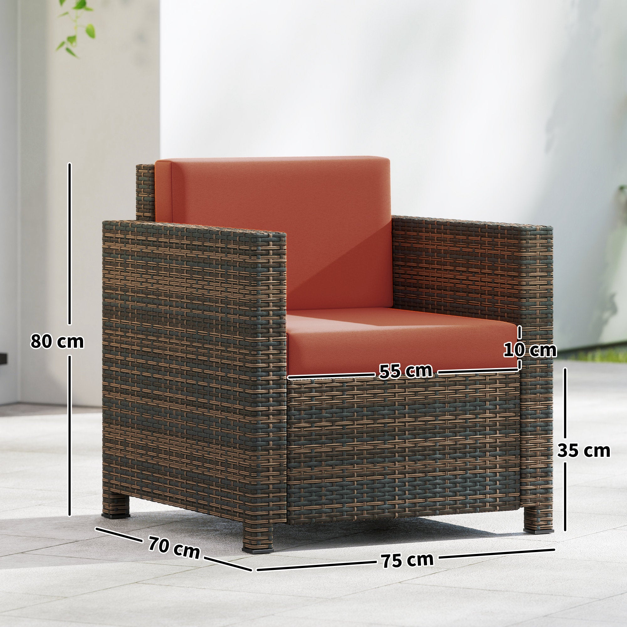 Outsunny PE Rattan Garden Armchair with Cushion - Mixed Brown/Orange 