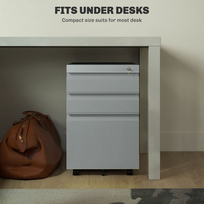 Vinsetto 3 Drawer Filling Cabinet, Mobile Metal File Cabinet with Anti-tilt Design for Letter, A4, Legal Size, Grey 