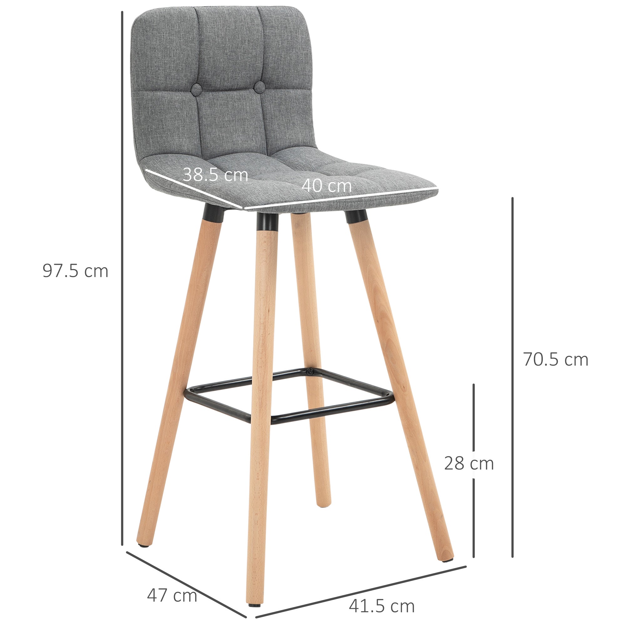 HOMCOM Bar stool Set of 2 Armless Button-Tufted Counter Height Bar Chairs with Wood Legs & Footrest, Grey 