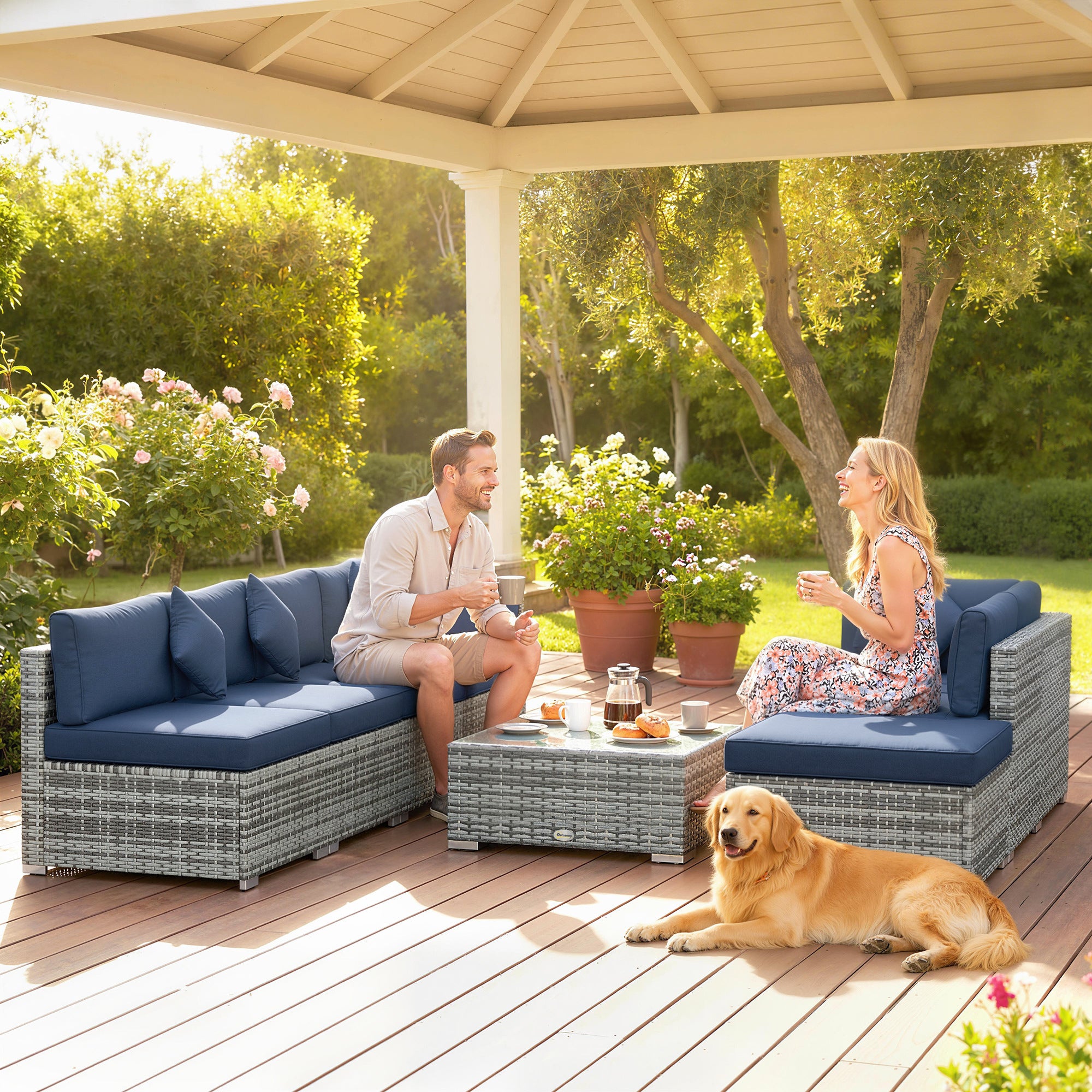 Outsunny 8 Pieces PE Rattan Corner Sofa Set, Outdoor Garden Furniture Set, Patio Wicker Sofa Seater w/ Cushion, Dark Blue 
