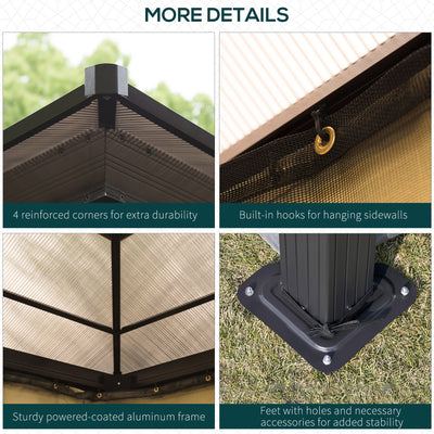 Outsunny 3 x 3.6(m) Hardtop Gazebo Canopy with Polycarbonate Roof and Aluminium Frame, Garden Pavilion with Mosquito Netting and Curtains, Brown 