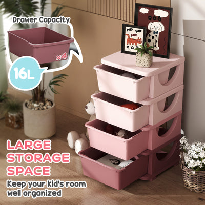 HOMCOM Four-Tier Kids Storage Boxes, with Four Drawers, Pink 