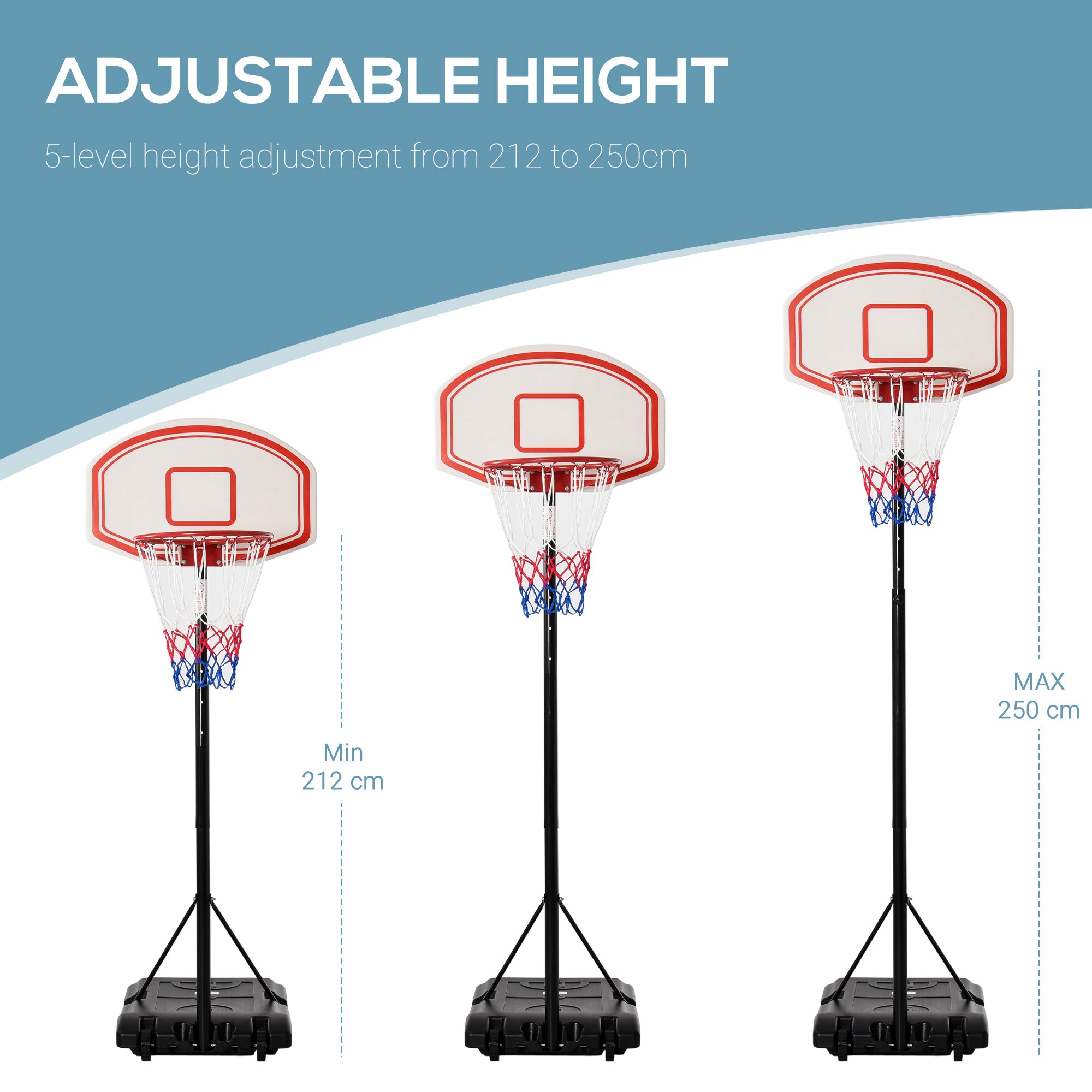 HOMCOM Portable Basketball Stand 175-215cm Adjustable Height Sturdy Rim Hoop w/ Large Wheels Stable Base Net Free Standing 