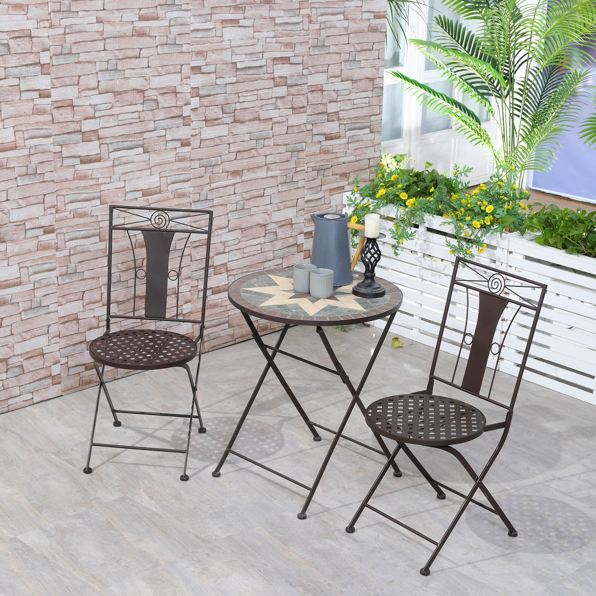 Outsunny 3-Piece Patio Bistro Set, Mosaic Table and 2 Armless Chairs with Foldable Design, Metal Frame for Garden, Poolside, Coffee 