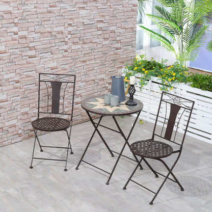 Outsunny 3-Piece Patio Bistro Set, Mosaic Table and 2 Armless Chairs with Foldable Design, Metal Frame for Garden, Poolside, Coffee 