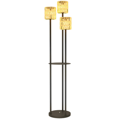 Outsunny Boho Rattan Floor Lamp, 3-Lights Rattan Lamp with Shelf, Freestanding Solar Garden Light with Auto On/Off Lights, IP44 Waterproof for Porch, Pathway, Deck, Yellow 